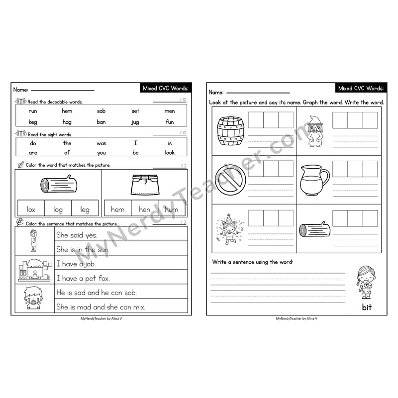 Editable Decodable Look-Alike Words and Sentences — Mixed Short Vowel CVC Review