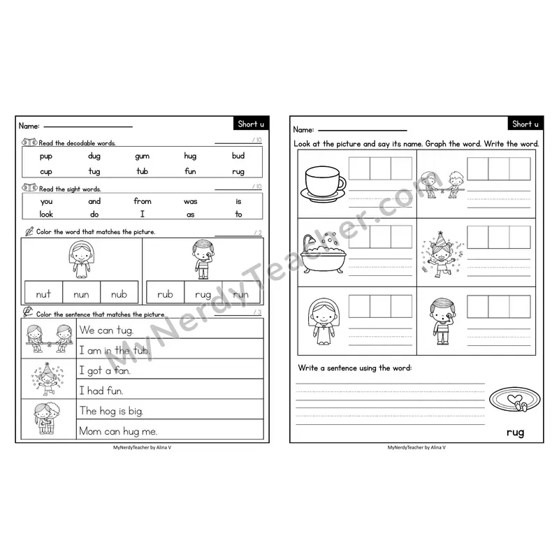 Editable Decodable Look-Alike Words and Sentences — Short U CVC Review