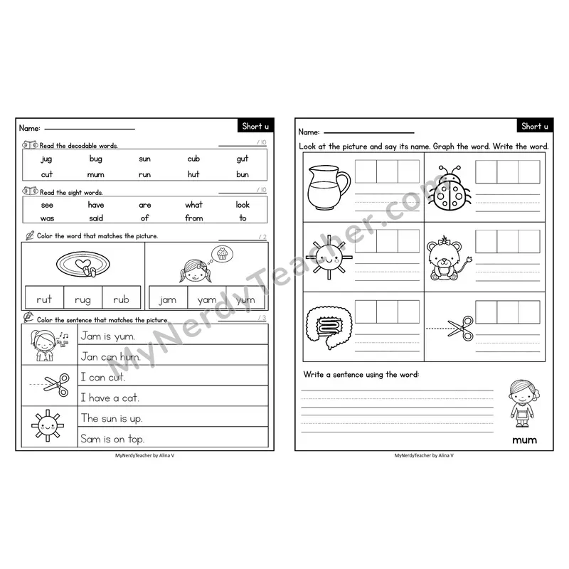 Editable Decodable Look-Alike Words and Sentences — Short U CVC Review