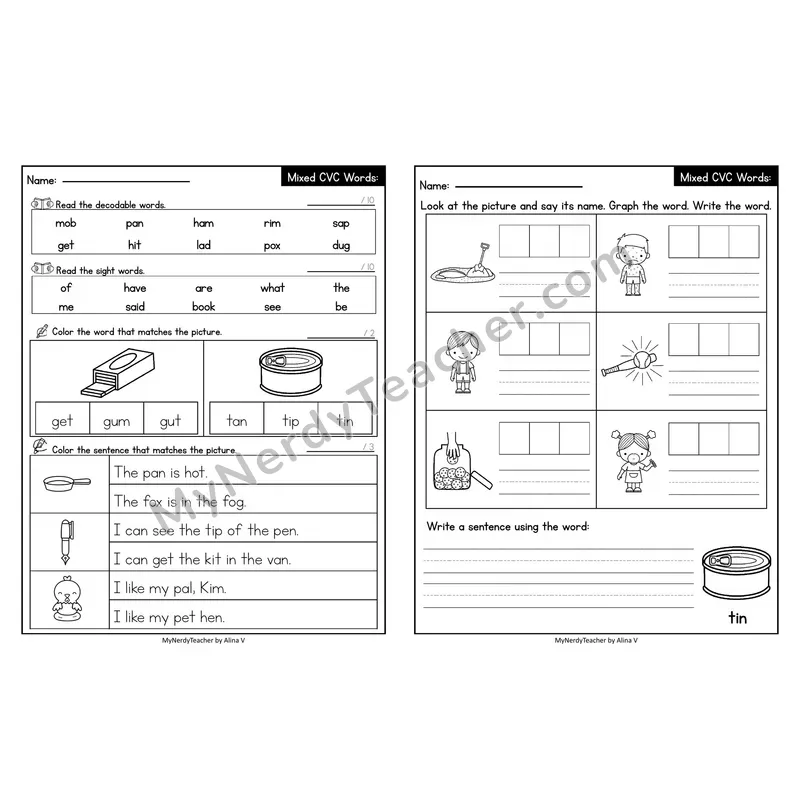 Editable Decodable Look-Alike Words and Sentences — Mixed Short Vowel CVC Review