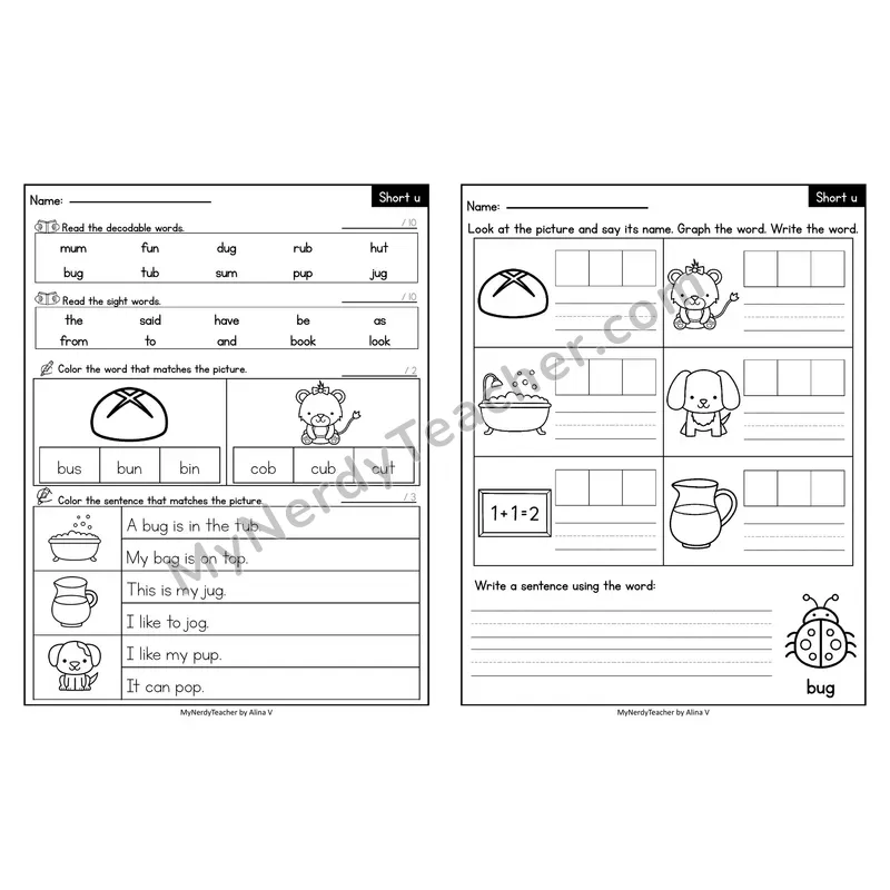 Editable Decodable Look-Alike Words and Sentences — Short U CVC Review
