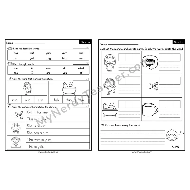 Editable Decodable Look-Alike Words and Sentences — Short U CVC Review