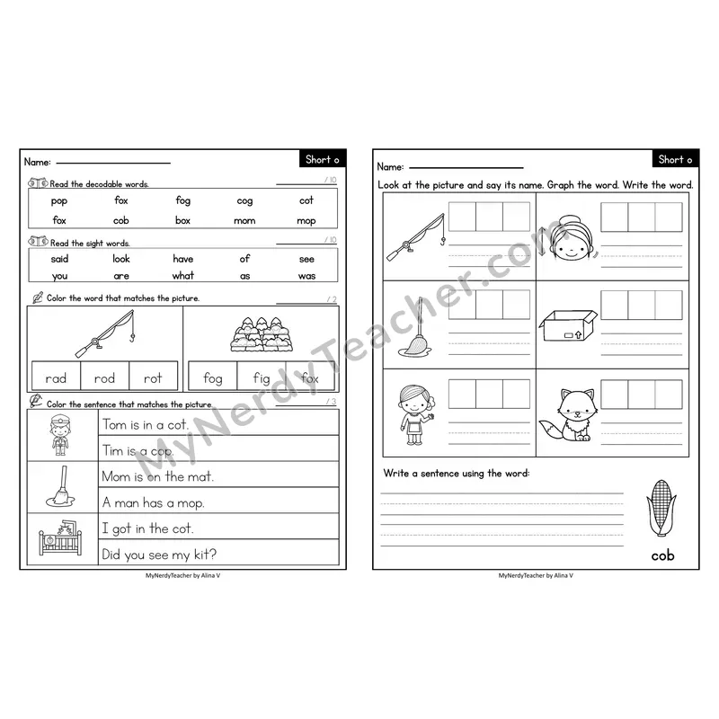Editable Decodable Look-Alike Words and Sentences — Short O CVC Review