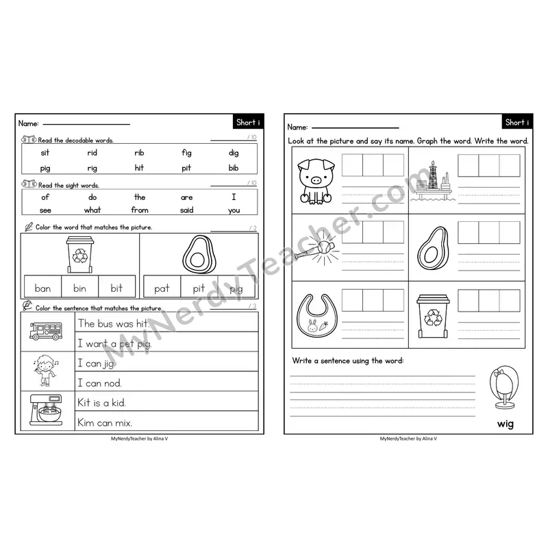 Editable Decodable Look-Alike Words and Sentences — Short I CVC Review