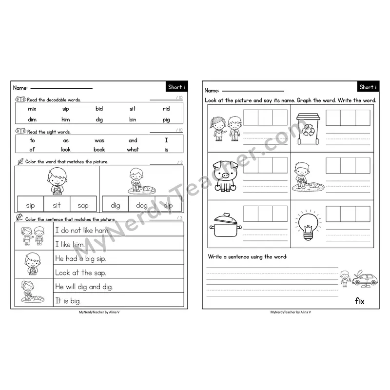 Editable Decodable Look-Alike Words and Sentences — Short I CVC Review