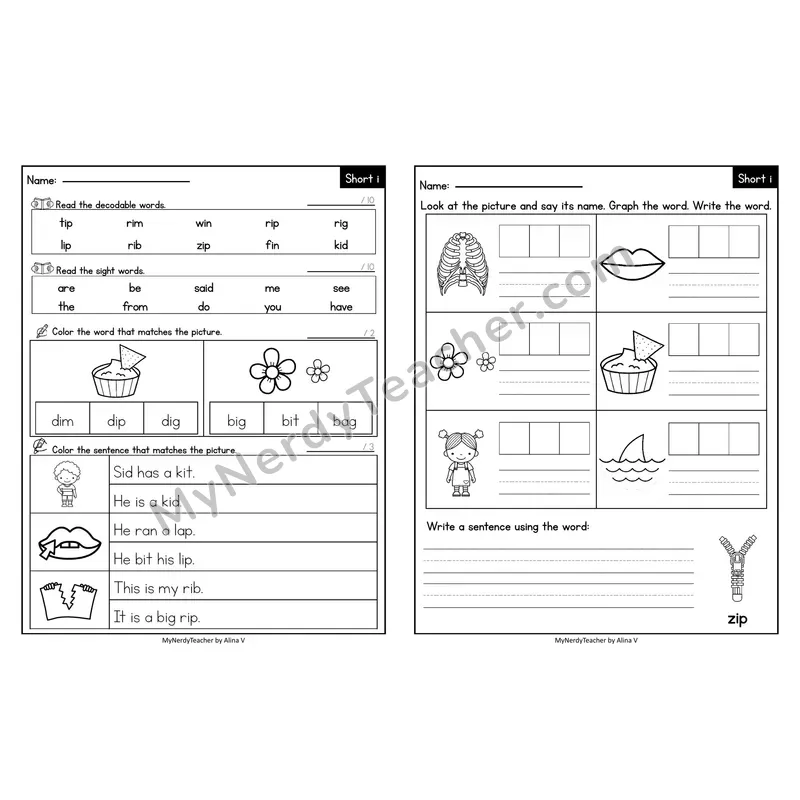 Editable Decodable Look-Alike Words and Sentences — Short I CVC Review