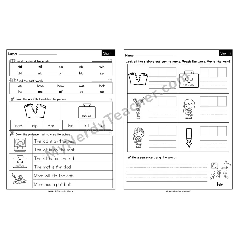 Editable Decodable Look-Alike Words and Sentences — Short I CVC Review