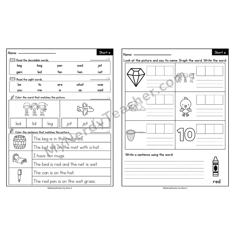 Editable Decodable Look-Alike Words and Sentences — Short E CVC Review
