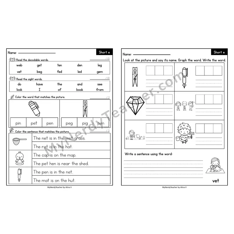 Editable Decodable Look-Alike Words and Sentences — Short E CVC Review