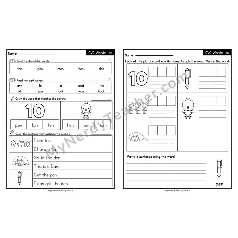 Editable Decodable Look-Alike Words and Sentences — Short E CVC