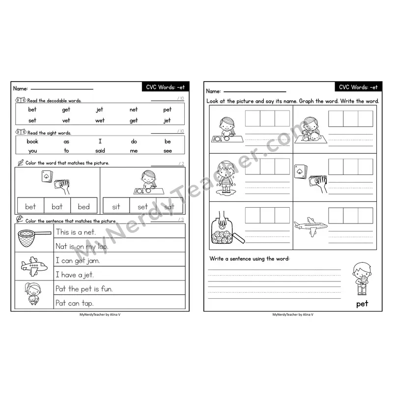 Editable Decodable Look-Alike Words and Sentences — Short E CVC