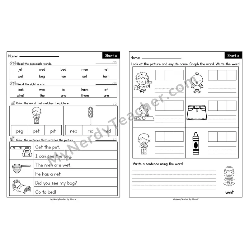 Editable Decodable Look-Alike Words and Sentences — Short E CVC Review