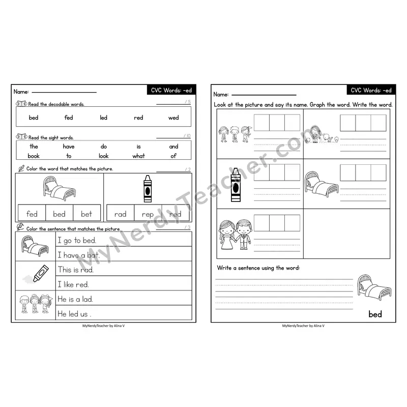 Editable Decodable Look-Alike Words and Sentences — Short E CVC