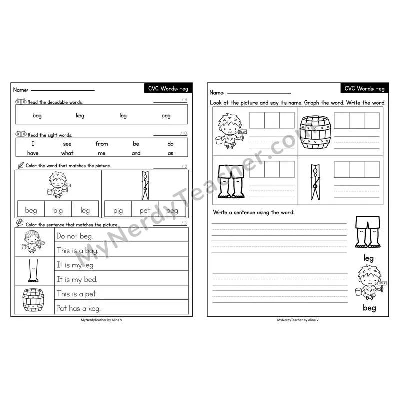 Editable Decodable Look-Alike Words and Sentences — Short E CVC