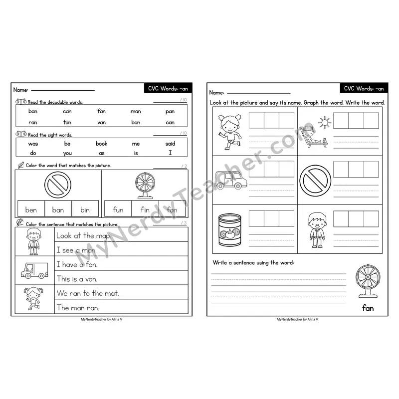 Editable Decodable Look-Alike Words and Sentences — Short A CVC