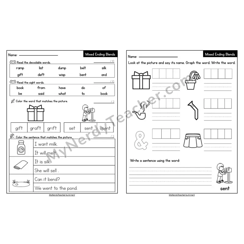Editable Decodable Look-Alike Words and Sentences — Mixed Ending Blends