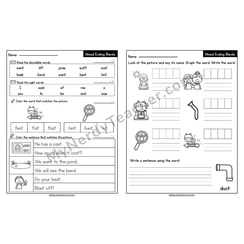 Editable Decodable Look-Alike Words and Sentences — Mixed Ending Blends