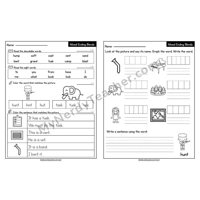 Editable Decodable Look-Alike Words and Sentences — Mixed Ending Blends
