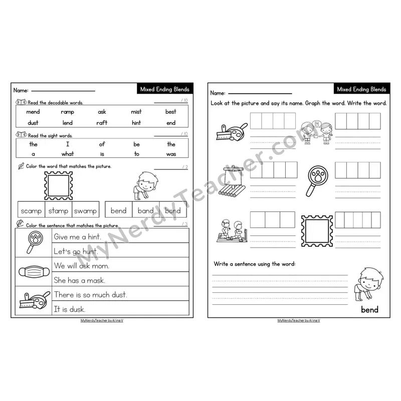 Editable Decodable Look-Alike Words and Sentences — Mixed Ending Blends