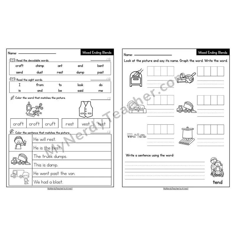 Editable Decodable Look-Alike Words and Sentences — Mixed Ending Blends