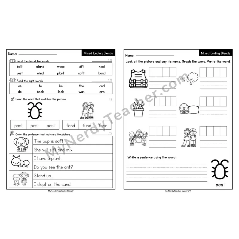 Editable Decodable Look-Alike Words and Sentences — Mixed Ending Blends