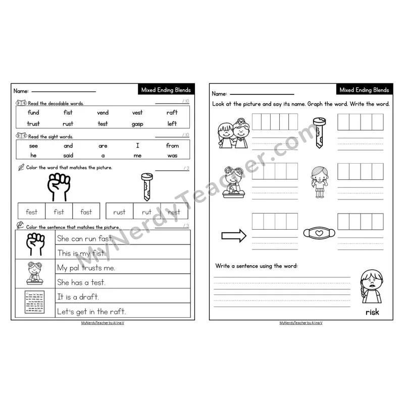Editable Decodable Look-Alike Words and Sentences — Mixed Ending Blends