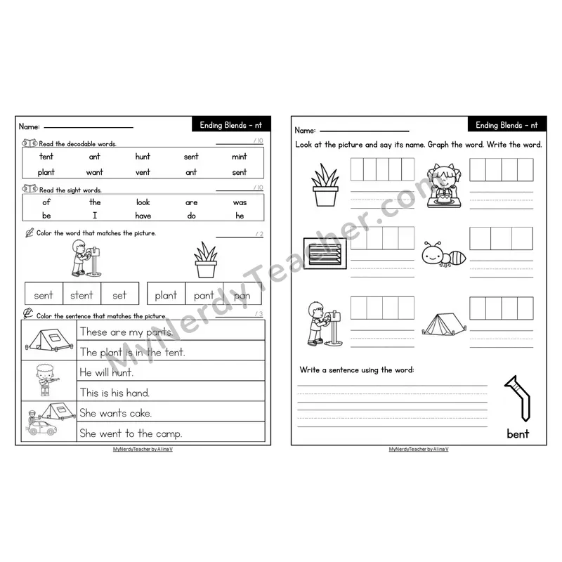 Editable Decodable Look-Alike Words and Sentences — -nt Ending Blend