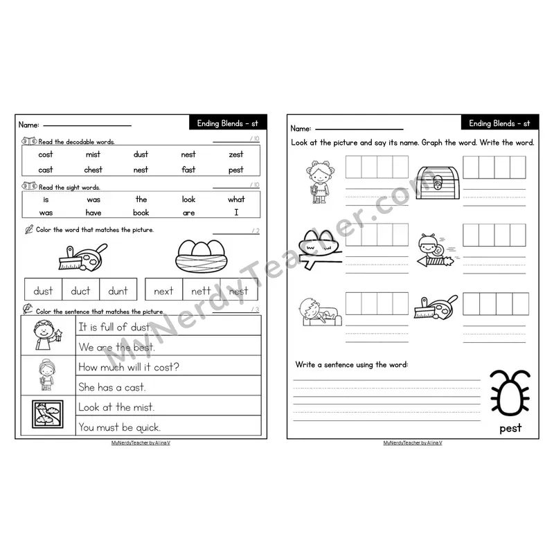 Editable Decodable Look-Alike Words and Sentences — -st Ending Blend