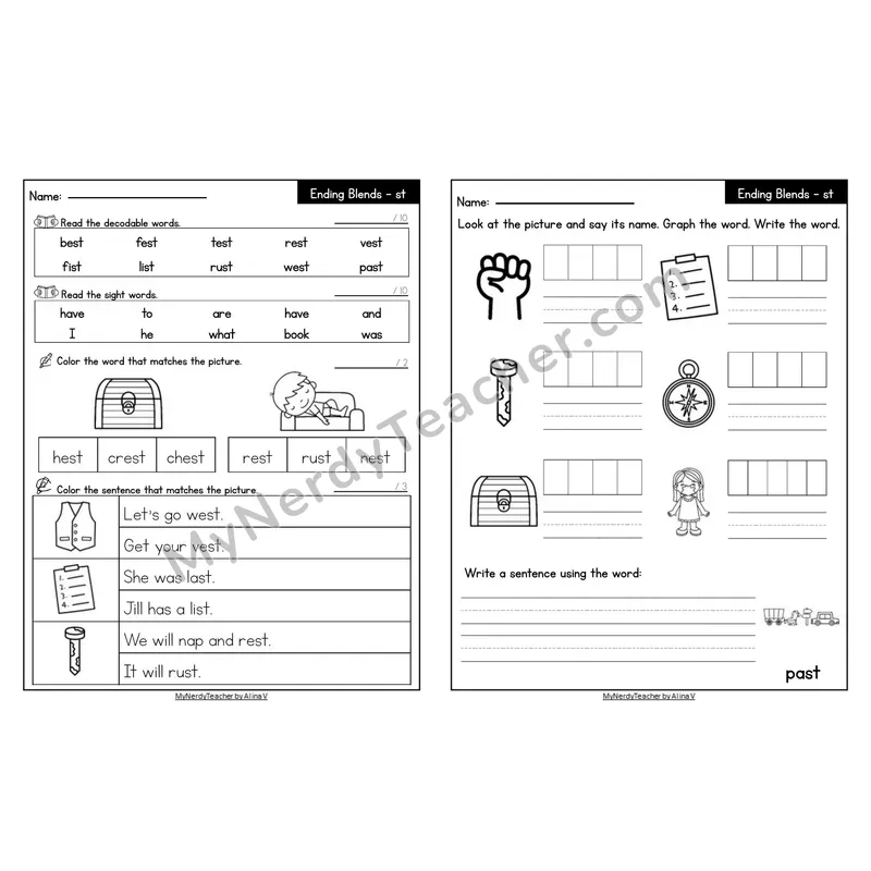 Editable Decodable Look-Alike Words and Sentences — -st Ending Blend