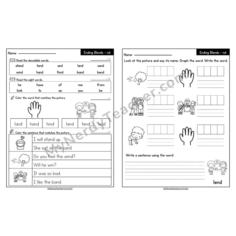 Editable Decodable Look-Alike Words and Sentences — -nd Ending Blend