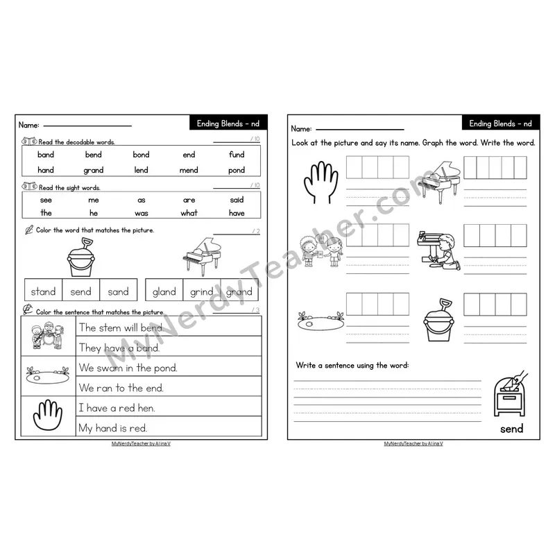 Editable Decodable Look-Alike Words and Sentences — -nd Ending Blend