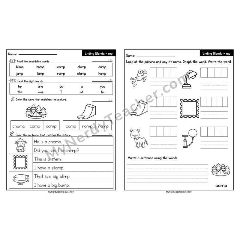 Editable Decodable Look-Alike Words and Sentences — -mp Ending Blend