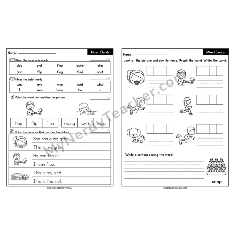 Editable Decodable Look-Alike Words and Sentences — Mixed Consonant Blends