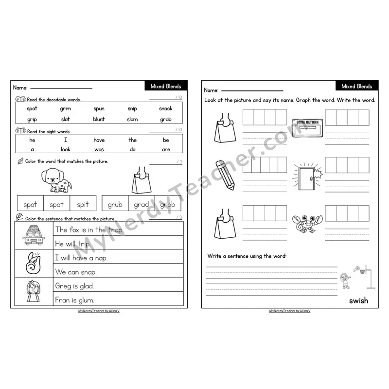 Editable Decodable Look-Alike Words and Sentences — Mixed Consonant Blends