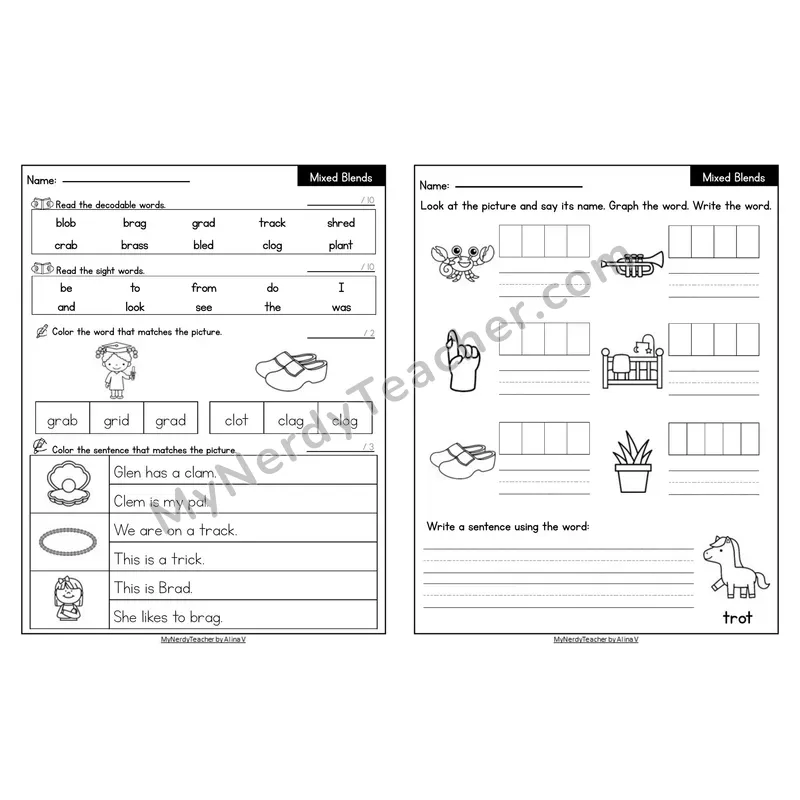 Editable Decodable Look-Alike Words and Sentences — Mixed Consonant Blends