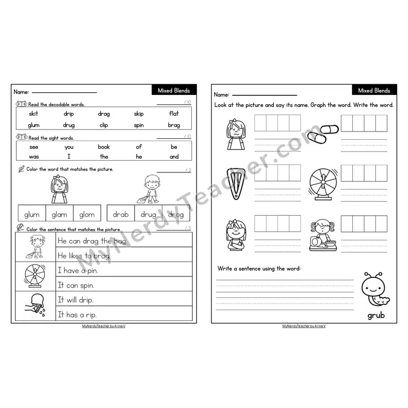 Editable Decodable Look-Alike Words and Sentences — Mixed Consonant Blends