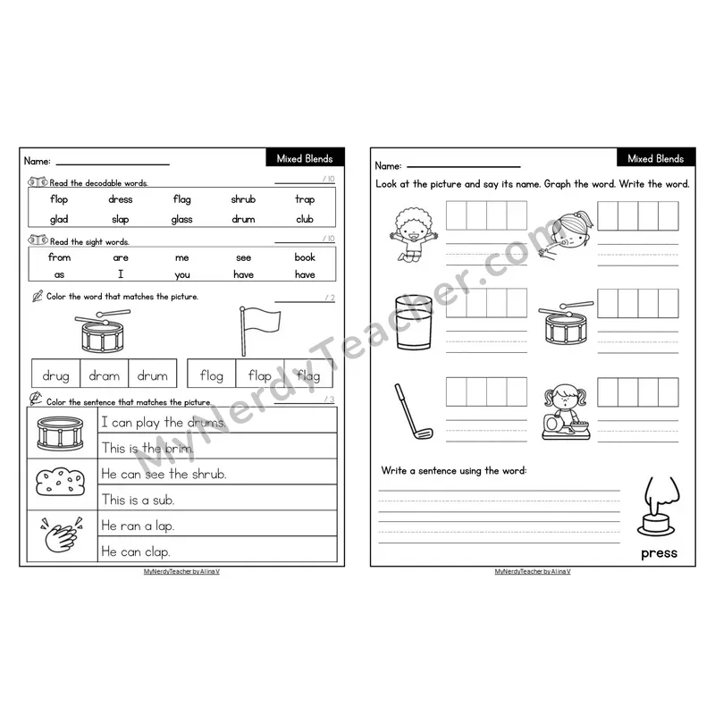 Editable Decodable Look-Alike Words and Sentences — Mixed Consonant Blends