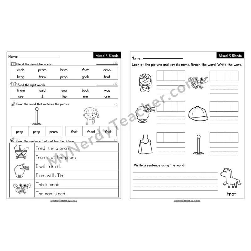 Editable Decodable Look-Alike Words and Sentences — Mixed R Blends