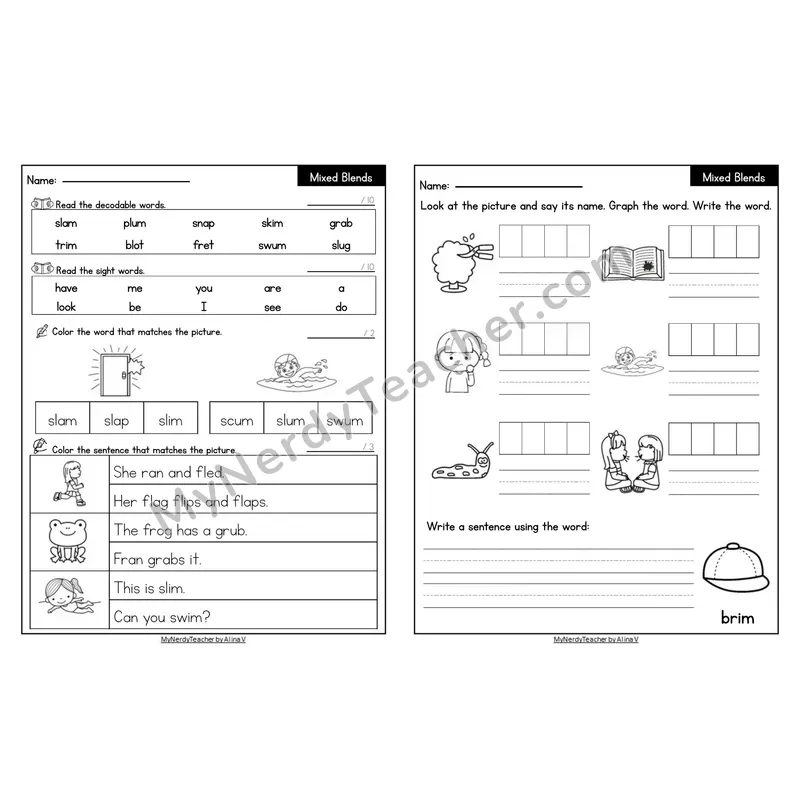 Editable Decodable Look-Alike Words and Sentences — Mixed Consonant Blends