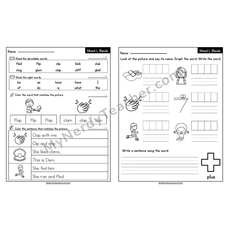 Editable Decodable Look-Alike Words and Sentences — Mixed L Blends
