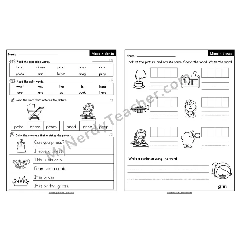 Editable Decodable Look-Alike Words and Sentences — Mixed R Blends