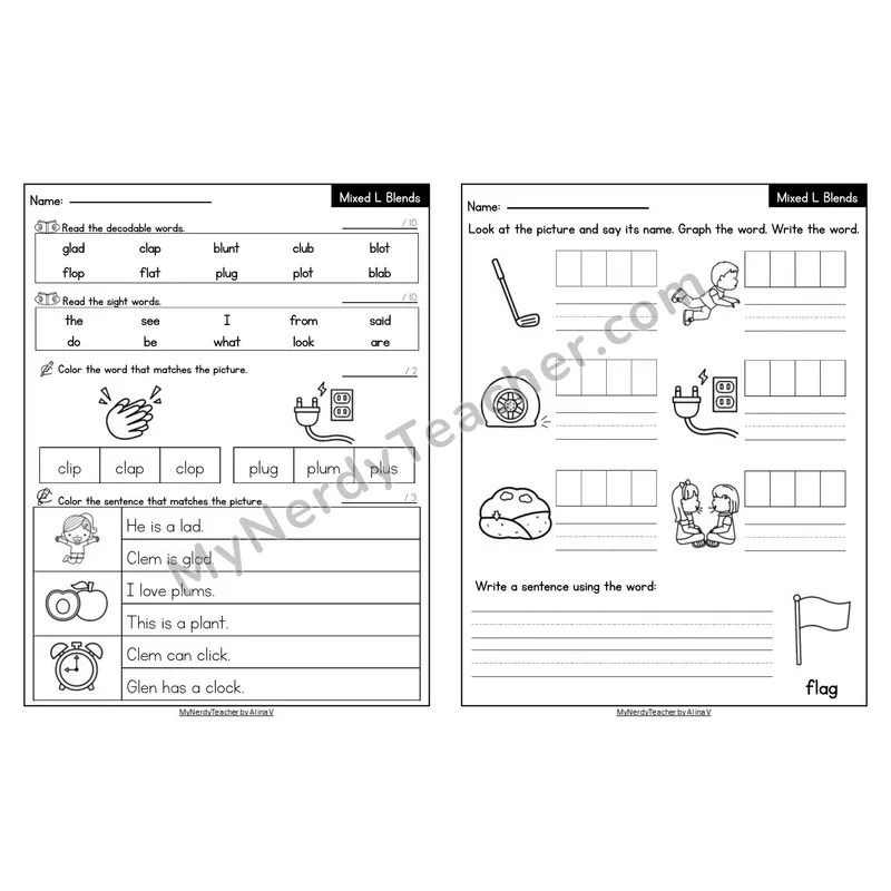 Editable Decodable Look-Alike Words and Sentences — Mixed L Blends