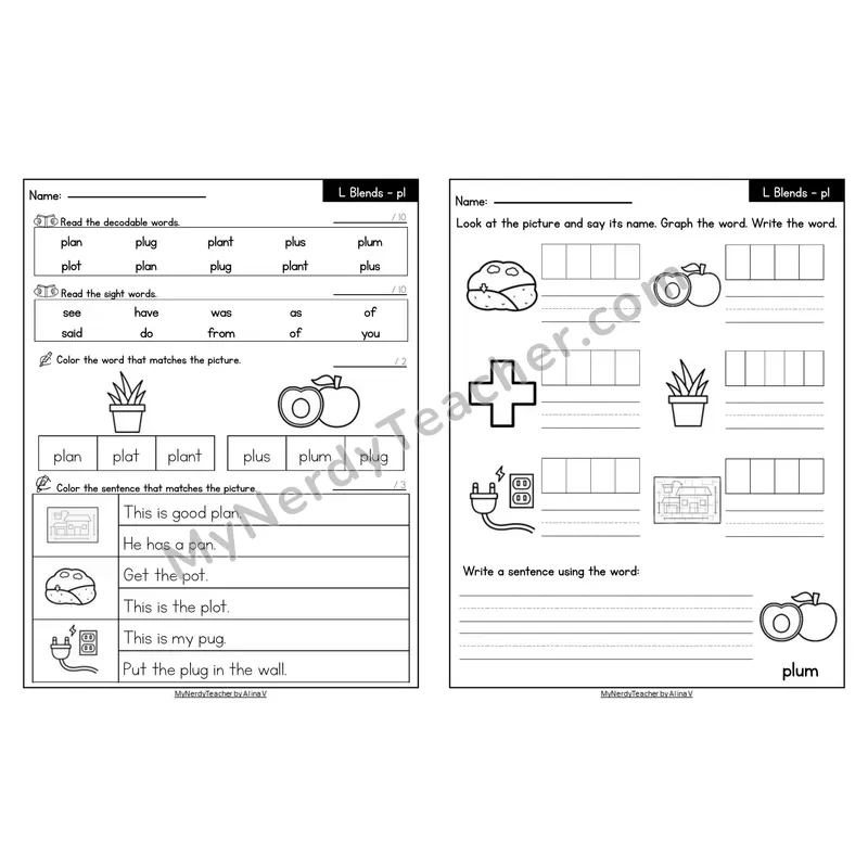 Editable Decodable Look-Alike Words and Sentences — pl L Blend