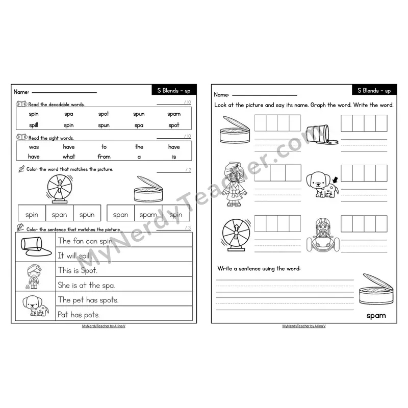 Editable Decodable Look-Alike Words and Sentences — sp S Blend