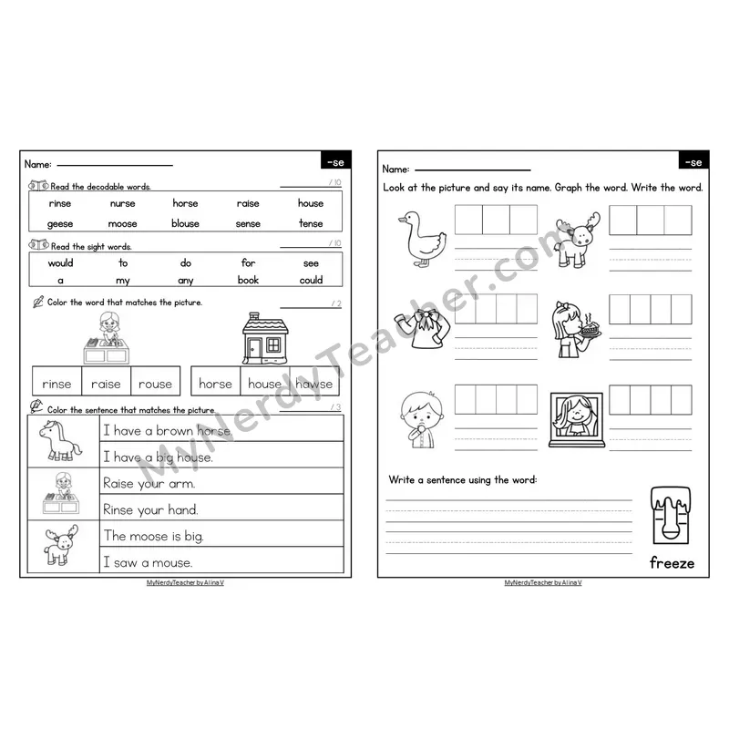 Editable Decodable Look-Alike Words and Sentences — -se Word Ending