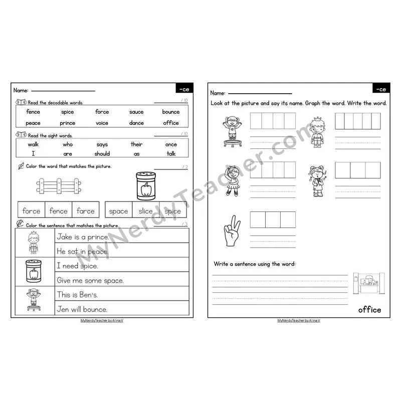 Editable Decodable Look-Alike Words and Sentences — _ce Soft c Ending