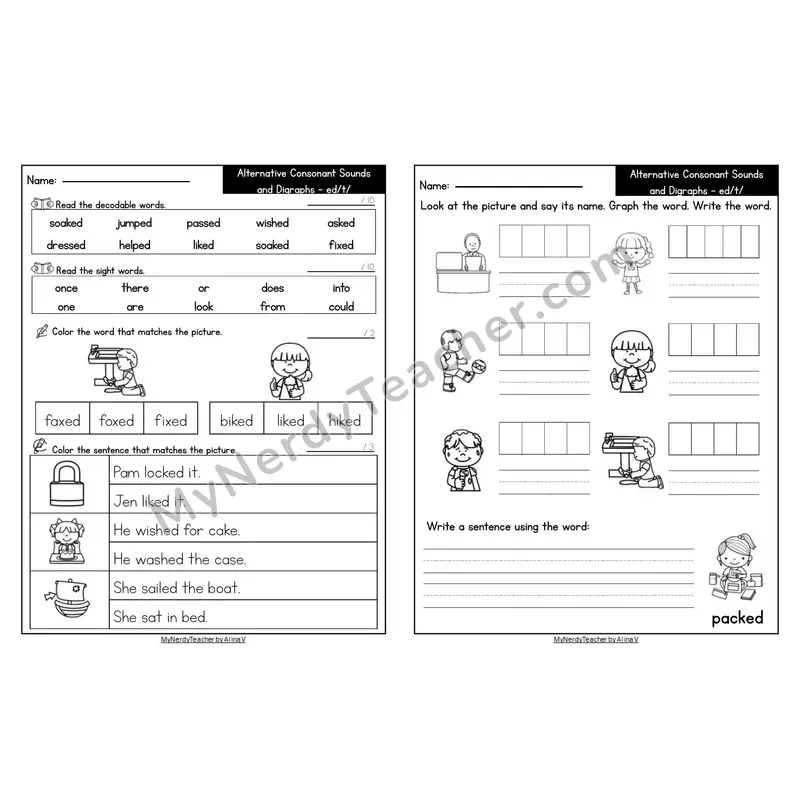 Editable Decodable Look-Alike Words and Sentences — -ed Suffix /t/ Sound