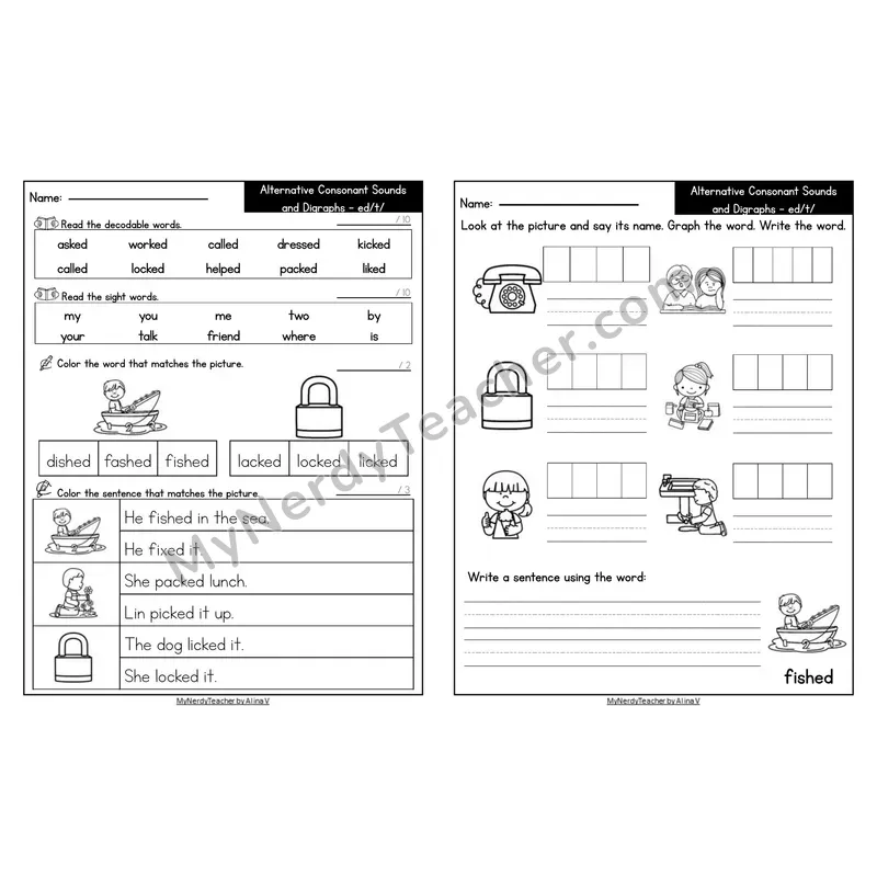 Editable Decodable Look-Alike Words and Sentences — -ed Suffix /t/ Sound
