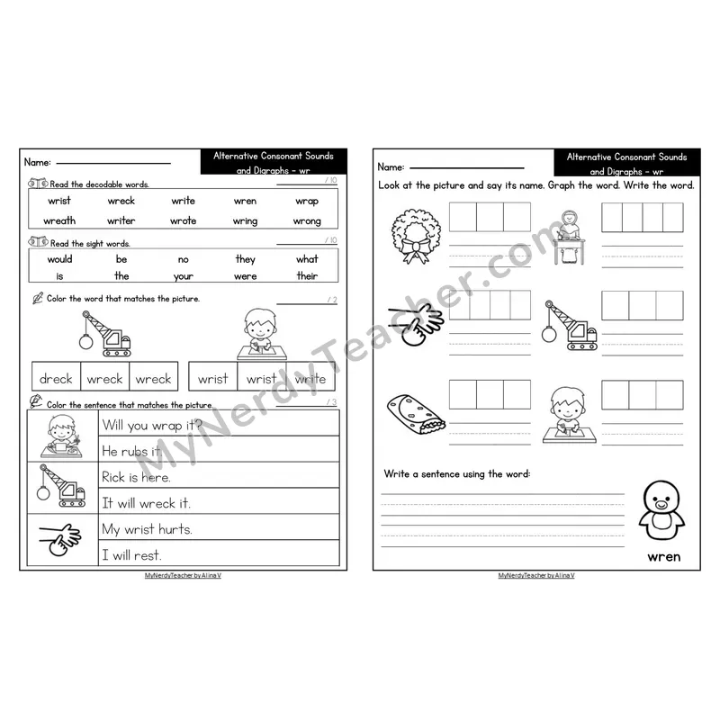 Editable Decodable Look-Alike Words and Sentences — wr Silent Letter