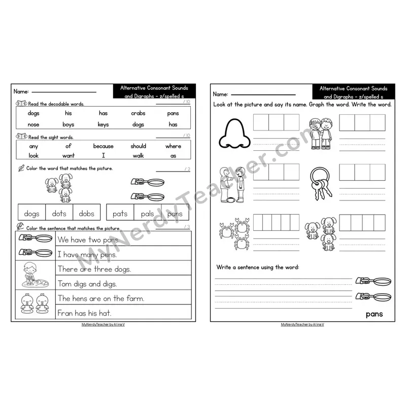 Editable Decodable Look-Alike Words and Sentences — -s as /z/ Sound